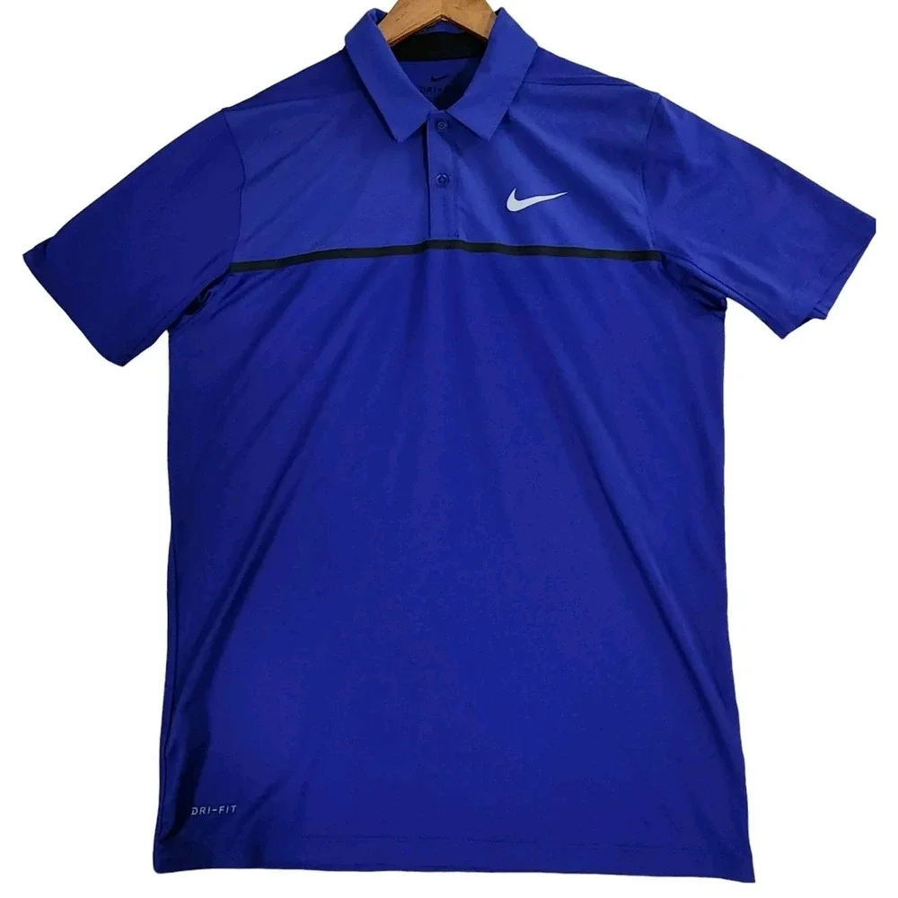 Nike Polo Shirt Men's Medium Blue Black strip Performance‎ Golf Dri Fit